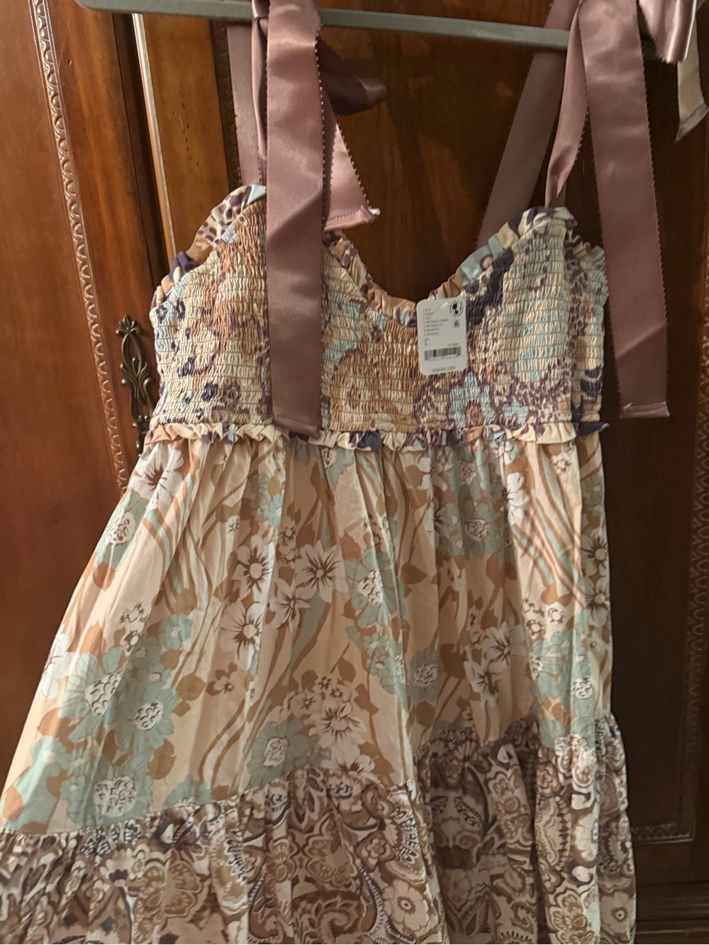 NWT free people boho Maxi Dress with Satin Tie Straps - Mauve & Cream Floral - Picture 2 of 2